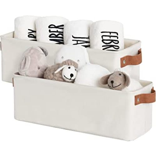 StorageWorks Narrow Storage Bins, Small baskets for Organizing, Long Storage Basket with Handles, Fabric Storage Bins for Shelf, Beige, 2-Pack