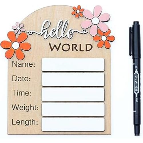 Baby Monthly Milestone Cards - Wooden Monthly Milestone Discs - Newborn Photography Props to Document Your Baby´s Growth - Baby Announcement Sign (Hello World Flower)