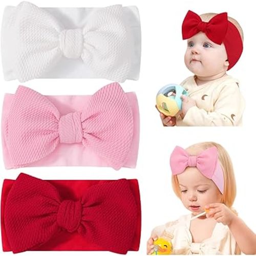jollybows 3PCS Baby Bows Headbands Soft Nylon Baby Girl Headbands for Newborn Infant Toddler Kids Cute Bow Wide Hairbands Hair Accessories(White+Red+Pink)