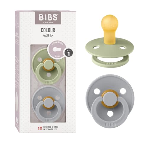 BIBS Pacifiers | Natural Rubber Baby Pacifier | Set of 2 BPA-Free Soothers | Made in Denmark | Sage/Cloud 0+ Months (Pack of 2)