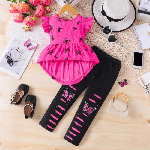 Wavsuf Girls Outfits 2-Piece, Ruffles Graphic Tunic Tops Stretch Pants Fashion Casual Sets Hot Pink 5T