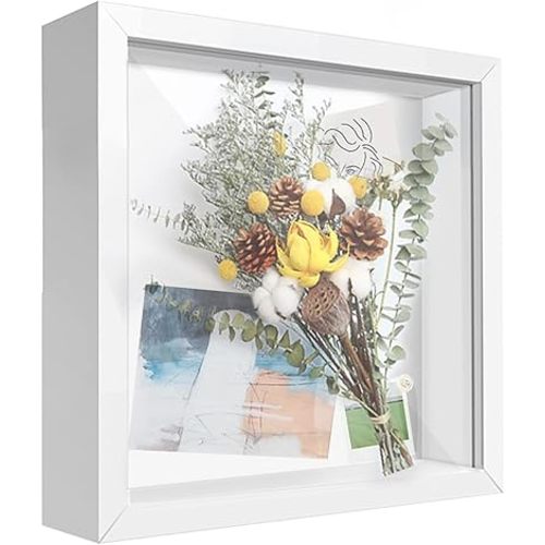 8x8 Shadow Box Frame Display Case with Letter Stickers, 3D Picture Frame, Display Case Box for Memorabilia, Baby Items, Wedding Memories, Crafts, Tickets and Photos (White, 8x8)