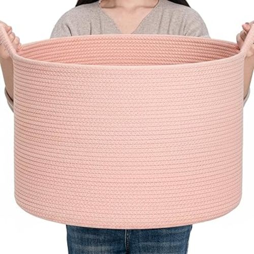 CLHMILY&Z Round Cotton Rope Storage Basket (Pink, XLarge(14.2"x22"))