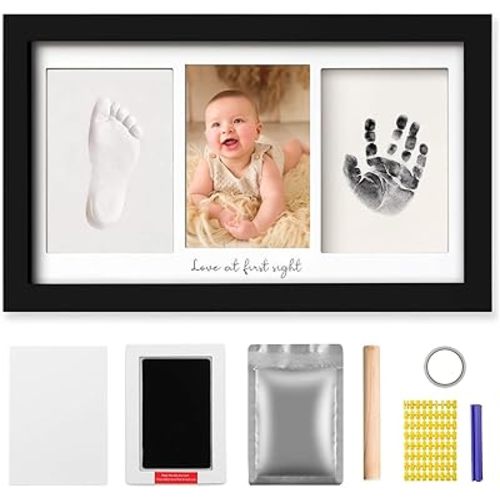 Baby Hand and Footprint Kit Keepsake Nursery Decor Picture Frame for New Mom Baby Boys Girls Shower Gifts Personalized Inkless & Clay Handprint Newborn Essentials Must Haves (Black)