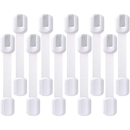 Child Safety Cabinet Locks - (10 Pack) Baby Proofing Latches to Drawer Door Fridge Oven Toilet Seat Kitchen Cupboard Appliance Trash Can with 3M Adhesive - Adjustable Strap No Drill No Tool