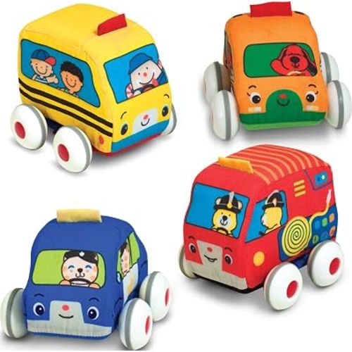 Melissa & Doug K's Kids Pull-Back Town Vehicle Set - Baby Toys Set with 4 Soft Toy Cars and Trucks, Surface Washable with Removable Wheels, Learning Toys for Babies and Toddlers