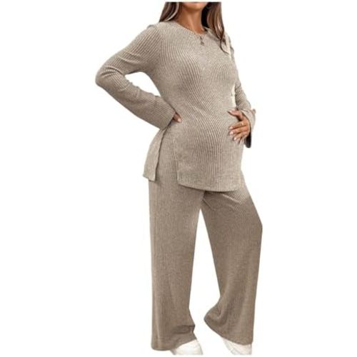 Women's Maternity 2 Piece Outfits Ribbed Knit Crew Neck Fall Tops and Pants Set