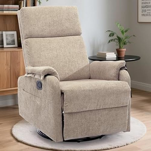 Recliner Chairs, Swivel Rocking Recliner Chair for Adults, Glider Rocking Chair, Small Nursery Recliner for Living Room, Reclining with Modern-Designed Armrests, Chenille, Khaki