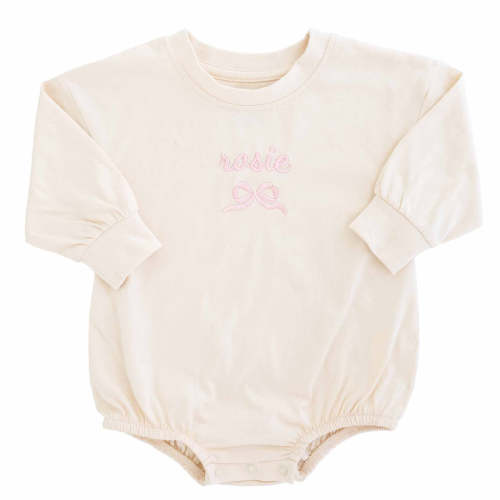 Personalized Bow Long Sleeve Bubble Romper | Natural