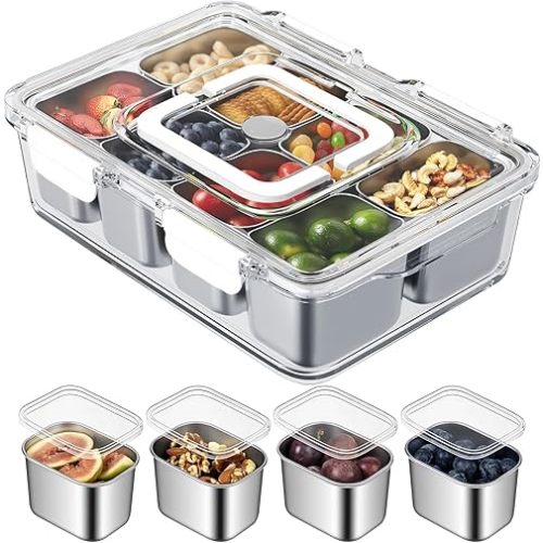 Snackle Box Container, Stainless Steel Divided Serving Tray with Lid and Handle, 8 Compartment Portable Snack Platters - Clear Storage Organizer for Fruit Candy Nuts Veggie - Perfect for Travel Party