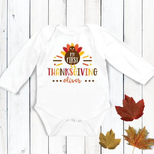 My First Thanksgiving Outfit - Newborn Thanksgiving Bodysuit, Funny Turkey Shirt, Custom Baby Clothing, Personalized Baby&#39;s 1st Thanksgiving