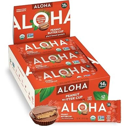 ALOHA Organic Plant Based Protein Bars - Peanut Butter Cup Bar - 12 Bars, Vegan, Low Sugar, Gluten-Free, Low Carb, Non-GMO, No Stevia, No Erythritol