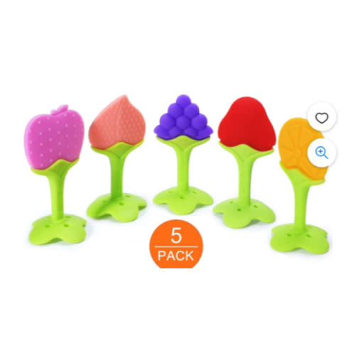 5 Pack Baby Teething Toys w/Safe Smoothened Edges| Food Grade Soft Silicone Fruit Teethers for Babies | Fridge & Dishwasher Safe | 100% BPA-Free Teether Set for Boys & Girls