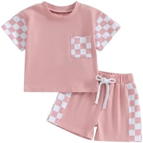 Toddler Baby Girl Clothes Summer Outfit Plaid Patchwork Short Sleeve T Shirt Tops and Stretch Casual Shorts Set