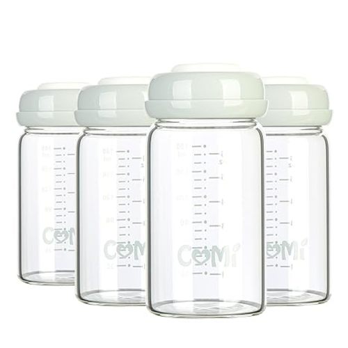 COMI Wide Neck Glass Breastmilk Collection n Storage Bottle, 4 Packs, 6oz with Screw Ring Sealing Disk; Re-markable Sealing Disc. BPA Free, Fits Breast Pumps & Nipples (4 Gray Lids) | Wide Neck, 4 Packs, BPA Free