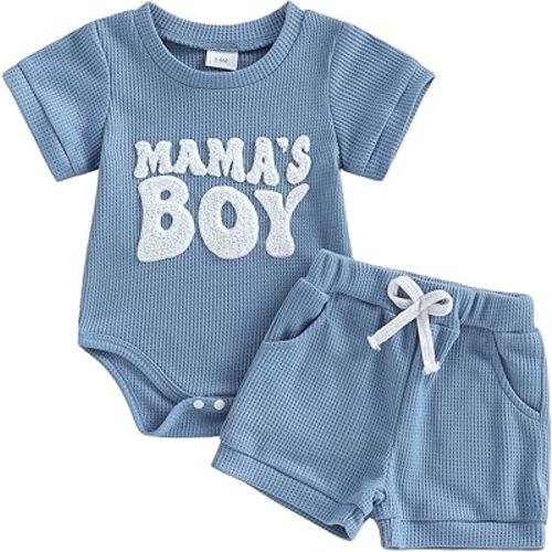 MERSARIPHY Newborn Baby Boy Summer Clothes Mama's Boy Little Dude Short Sleeve Romper Shorts Set Infant Waffle Knit Outfit