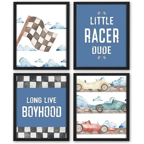 NaZaUK Race Car Room Decor for Boys, Nursery Race Car Long Live Boyhood Wall Art Prints Set of 4, Race Car Room Decor for Boys, Nursery Wall Art, Kids Playroom Decor,(Blue) 8x10 Unframed