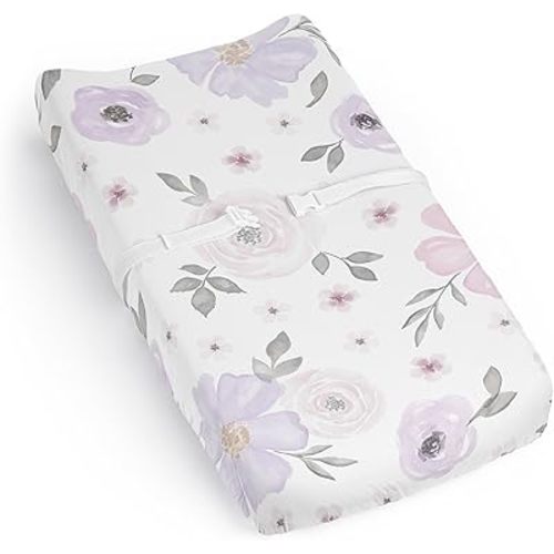 Sweet Jojo Designs Lavender Purple Boho Floral Girl Baby Changing Pad Cover Sheet Infant Newborn Diaper Change Mat Cover Pink Grey Bohemian Farmhouse Shabby Chic Rose Lily Watercolor Flower Elegant