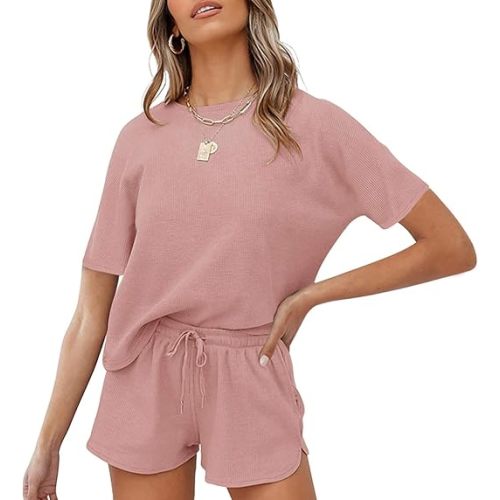 MEROKEETY Women's Short Sleeve Waffle Pajama Sets Lounge Top and Shorts 2 Piece Tracksuit Outfits