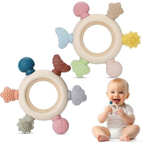 2 Packs Baby Teething Toy for Babies 0-3-6-12,18 Months, BPA Free Silicone & Natural Beech Baby Teething Ring for Teething Relief, Wooden Ring Toy for Newborn Boys, Girls
