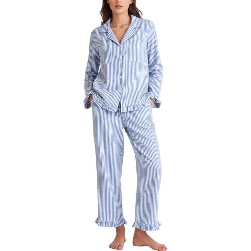 Flygo Womens Striped Pajama Sets 2 Piece Cotton Lounge Sets Button Down Top Straight Leg Pants with Pockets Y2K Pjs Sleepwear