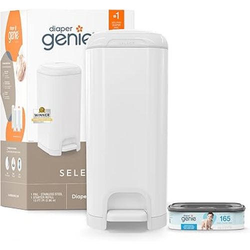 Diaper Genie Select Pail is Made of Durable Stainless Steel and Includes 1 Starter Square Refill That can Hold up to 165 Newborn-Sized Diapers.