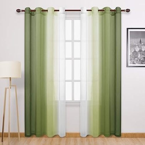 DWCN Faux Linen Ombre Sheer Curtains - Gradient Semi Voile Bedroom and Living Room Curtains, Set of 2 Grommet Top Window Curtain Panels, 52 x 84 Inches Long, Olive Green
