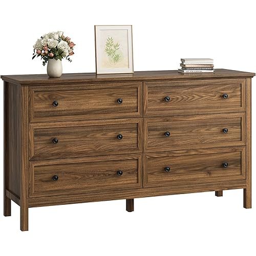 CARPETNAL 55" Walnut Dresser for Bedroom, 6 Drawer Dresser with Wide Drawer and Metal Handles, Wood Dressers & Chests of Drawers for Hallway, Entryway.