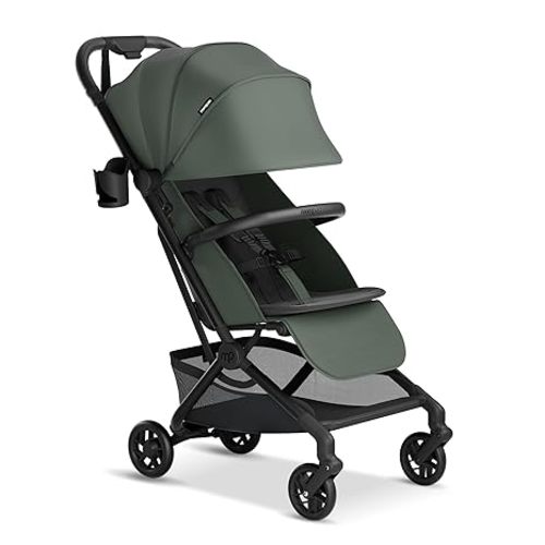 Mompush Velo Lightweight Travel Stroller, Compact & Airplane-Friendly for Baby and Toddler, Lie-Flat Seat, One-Hand Fold, with Leather Bumper Bar, Shoulder Strap, Raincover, Storage Bag & Cup Holder