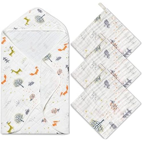 Zainpe 4Pcs Muslin Baby Hooded Towel & Washcloth Set Fox Pattern Soft Absorbent Cotton Bath Hood Towels for Newborn Toddlers Essentials Boys Girls Infant Shower Gift 31.5 x 31.5 in