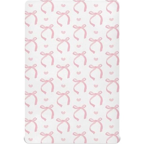 Pfrewn Crib Sheets for Boys Girls Aesthetic Pink Ribbon Bow Fitted Crib Sheet for Mini Crib Mattress Stretch Soft Toddler Baby Playard Sheet,39x27IN
