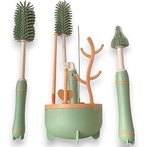 Silicone Baby Bottle Brush Set with Stand, 360° Rotating Silicone Bottle Cleaning Brush Cleaner Set of 4, Multipurpose Silicone Baby Bottle Straw Cleaner Brush (Green)