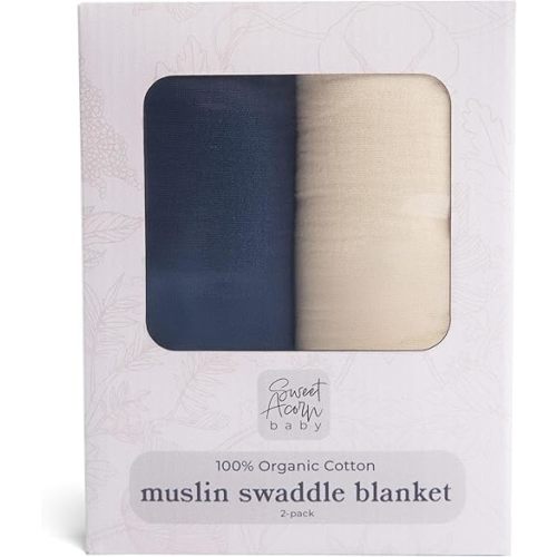 Muslin Swaddle Blanket – Soft Cotton Muslin Baby Blanket for Newborns, Infants, and Toddlers, All-Season Comfort Baby Essential - Blue, White