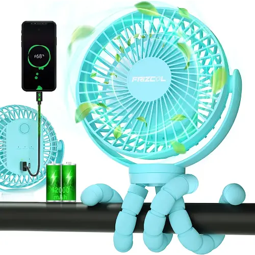 FRIZCOL Portable Stroller Fan, Use As Power Bank, 55H 12000mAh Battery Operated Fan Flexible Tripod Baby Car Seat Fan, Personal Mini Handheld/Desk/Small Clip On Fans For Stroller, Carseat (Blue02)