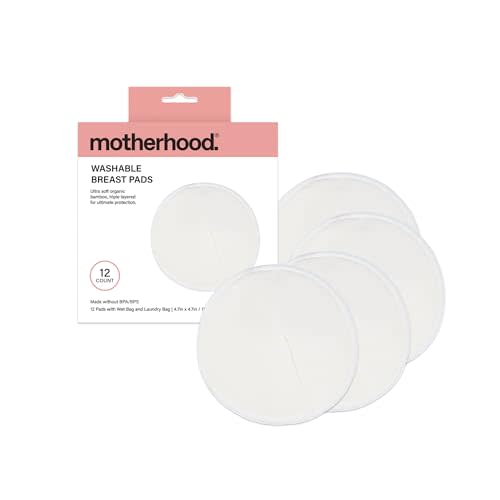 Motherhood Maternity Washable Nursing Pads – Reusable Bamboo Breast Pads for Breastfeeding, Leak Proof & Ultra Absorbent, Soft & Discreet, Includes Wet/Dry Bag & Laundry Bag, 12 Pack