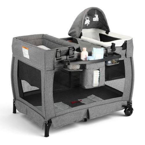 Kinder King 4-in-1 Convertible Baby Playard with Bassinet, Diaper Changer, Cradle&Bedside Sleeper, Breathable Mesh, Storage Organizer&Lockable Wheels
