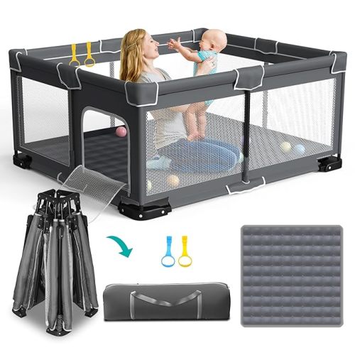Foldable Playpen for Babies and Toddlers, 59x71 Inches Portable Playpen, Kids Collapsible Play Pen with 2 Handlers, Indoor & Outdoor Baby Fence Play Area with Visible Mesh, Dark Gray
