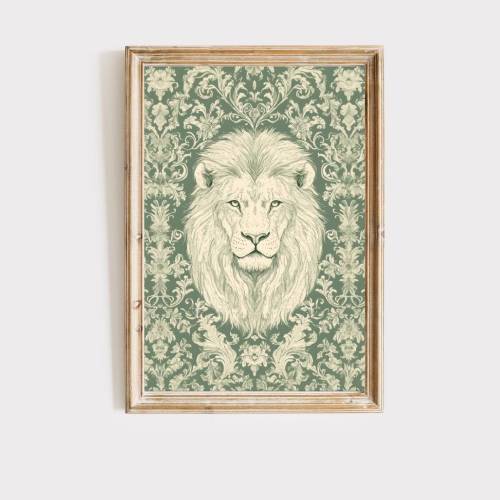 Narnia aslan art print, sage green wall art print, william morris art, C S Lewis, The lion the witch and the wardrobe art, digital download
