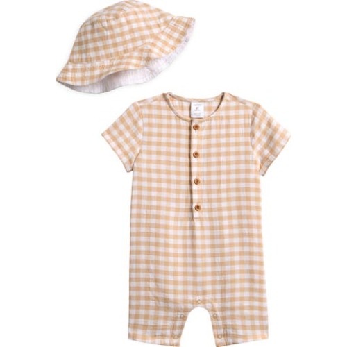 Print Cotton Henley Romper & Hat Set, 9M
