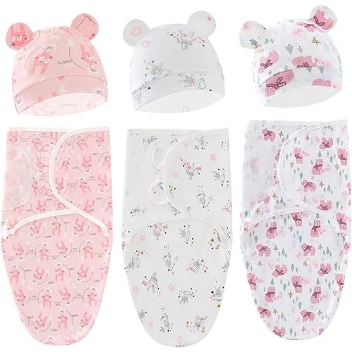 Exemaba Baby Swaddle Sleep Sack with Hat Set for 0-3 months 3-Pack Soft Cotton Newborn Wearable Swaddle Wrap for Girls Boys - Rabbit & Girl & Bear