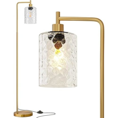 Oneach 66" Gold Floor Lamp for Living Room, Industrial Floor Lamp with LED Bulb, Glass Shade, Foot Switch, Morden Tall Farmhouse Standing Lamps for Bedroom, Office, Study Room