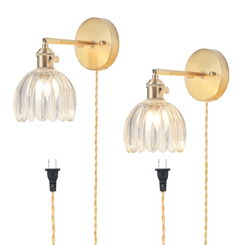 Plug in Wall Sconces Set of 2, Vintage Wall Sconce with Tulip Transparent Glass Lampshade, 180° Adjustable Wall Sconce with Switch and Plug in Wall Lamp Cord, Gold Wall Light Wall Decor Set of 2