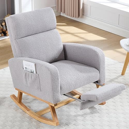 Rocking Chair Nursery with Foot Rest, Teddy Nursing Rocking Chairs for Mom Nursery, Rocker Glider Chair for Living Room, Bedroom, Light Grey