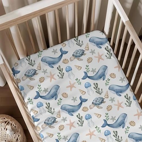 Watercolor Ocean Whales Sea Turtle Starfish Seashells Pattern Baby Sheets for Crib, Unisex Sea Animals Nursery Fitted Bed Sheet for Boys Girls Standard Crib and Toddler Mattress-28x52