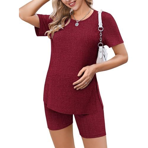 Ekouaer Maternity Sets 2 Piece Outfits Ribbed Knit Short Sleeve Shirts and Biker Shorts Pregnancy Loungewear Mama Clothes