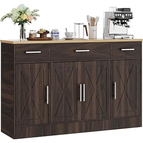 Shintenchi Buffet Cabinet with Storage,53.4" Large Kitchen Storage Cabinet with 3 Drawers and 4 Doors,Wood Farmhouse Buffet Sideboard with Adjustable Shelf for Kitchen Living Room, Brown