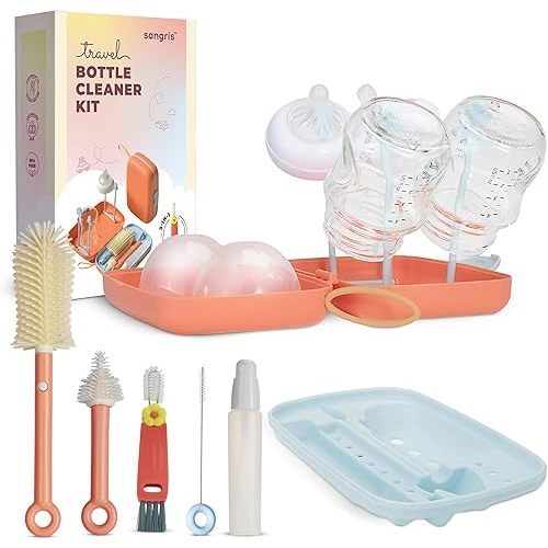 10 in 1 Travel Baby Bottle Cleaner Kit - Bottle Cleaner Brush Set with 3 in 1 Cup LID Brush, Bottle Drying Rack, Soap Dispenser, Straw Brush, Nipple Brush & Storage Organizer - Newborn Essentials