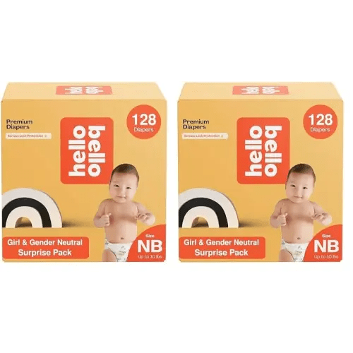 Hello Bello Premium Diapers, Size NB (Up to 10 lbs) Surprise Pack for Girls - 128 Count, Hypoallergenic with Soft, Cloth-Like Feel - Assorted Girl & Gender Neutral Patterns (Pack of 2)