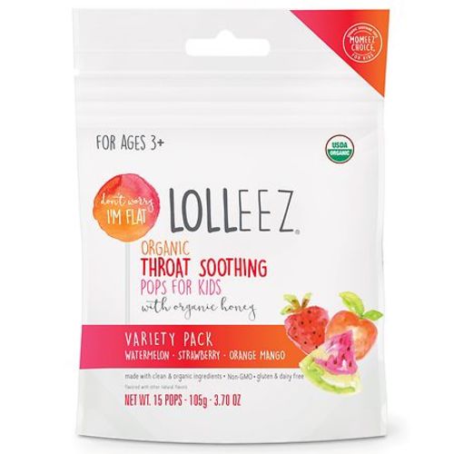 LOLLEEZ Organic Throat Soothing Kids Pops Watermelon, Strawberry, Orange Mango