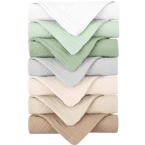 Konssy Baby Muslin Washcloths 7 Pack -100% Cotton Baby Bath Towels, Soft Baby Wash Cloths and Absorbent Burp Cloths for Newborn Kids Girls and Boys, 11x11 inches - Green